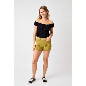 Women's Size L Judy Blue Cut Off Matcha Green Jean Shorts Garment Dyed Mid Rise